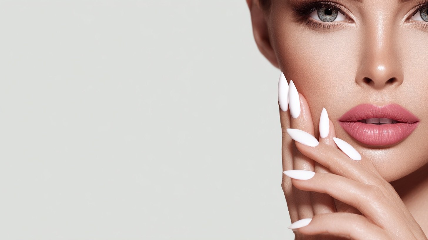 Beauty model with elegant ivory pointed-tip manicure resting fingertips lightly against her cheek